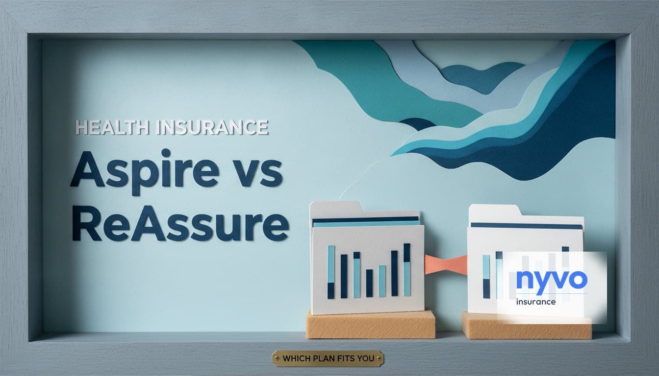Two paper folders of bar charts linked by a ribbon under layered paper waves, beside the title Aspire vs ReAssure